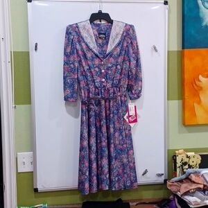 Sz 8P Whirlaway Frocks NWT Blue Flora Deadstock Cottagecore Prairie Dress w/belt